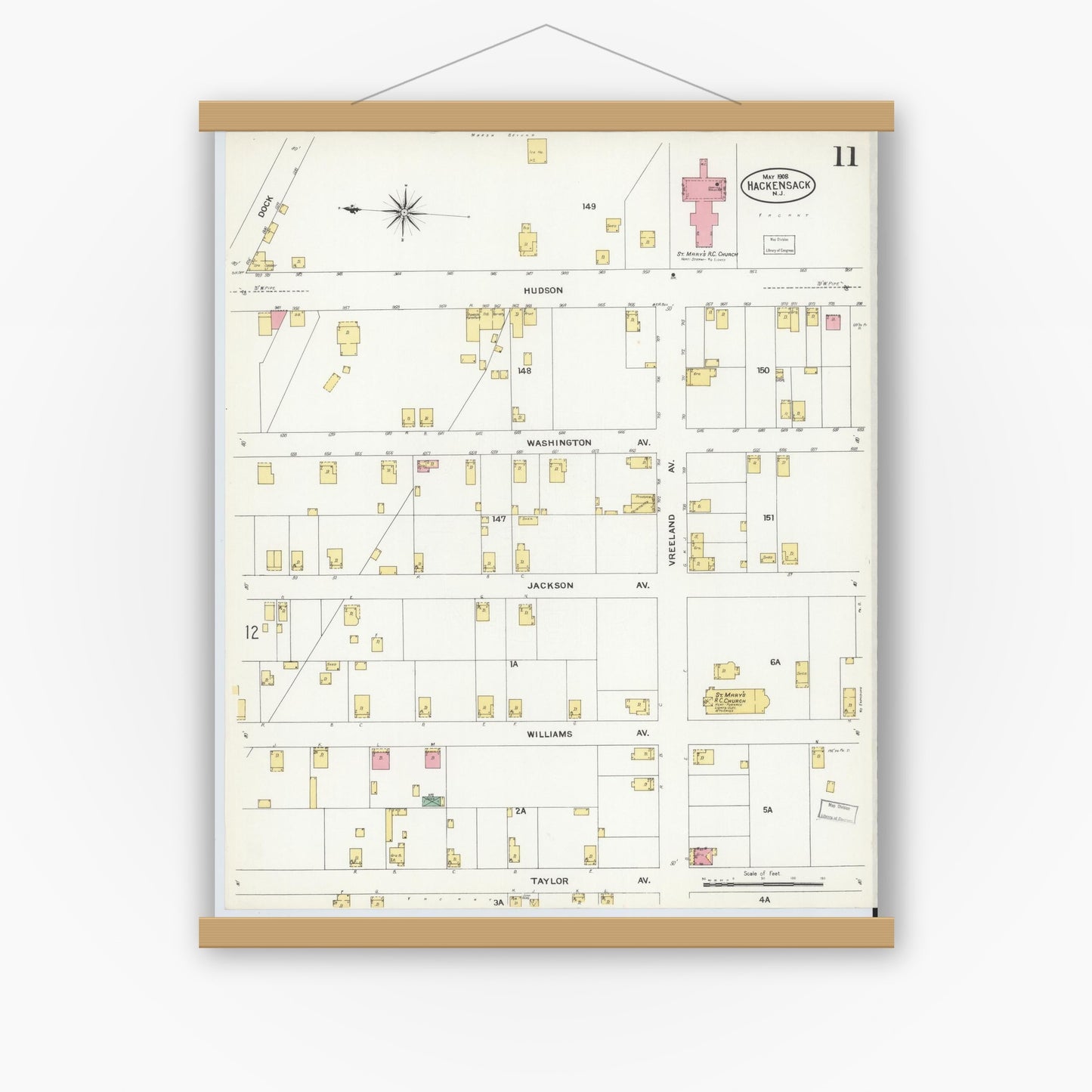 Old map wall art mockup — magnetic wood frame on white wall — Sanborn Fire Insurance Map from Hackensack, Bergen County, New Jersey (1908), Sheet #0011