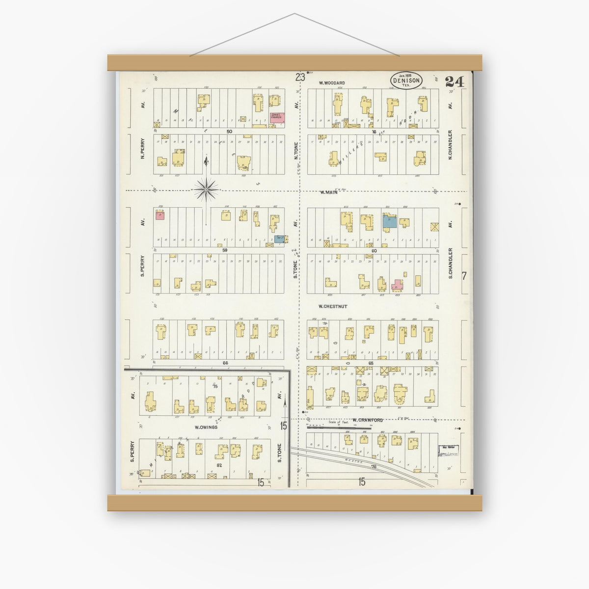 Old map wall art mockup — magnetic wood frame on white wall — Sanborn Fire Insurance Map from Denison, Grayson County, Texas (1903), Sheet #0024