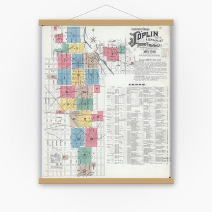 Old map wall art mockup — magnetic wood frame on white wall — Sanborn Fire Insurance Map from Joplin, Jasper County, Missouri (1900), Sheet #0001