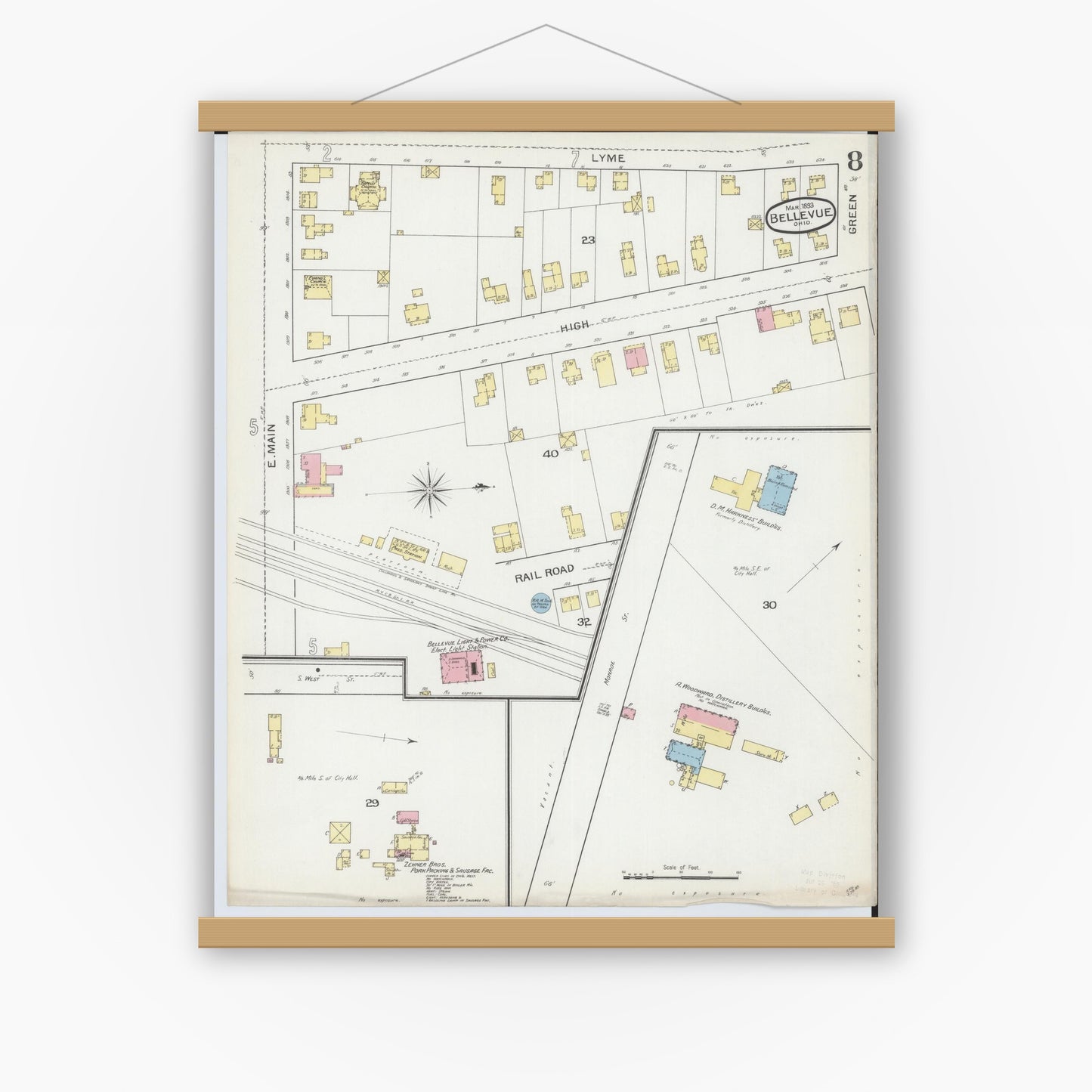 Old map wall art mockup — magnetic wood frame on white wall — Sanborn Fire Insurance Map from Bellevue, Huron And Sandusky County, Ohio (1893), Sheet #0008