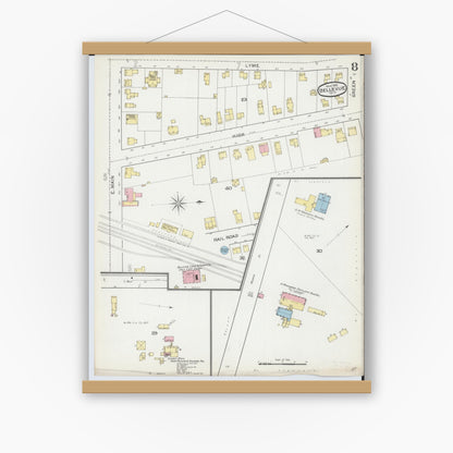 Old map wall art mockup — magnetic wood frame on white wall — Sanborn Fire Insurance Map from Bellevue, Huron And Sandusky County, Ohio (1893), Sheet #0008