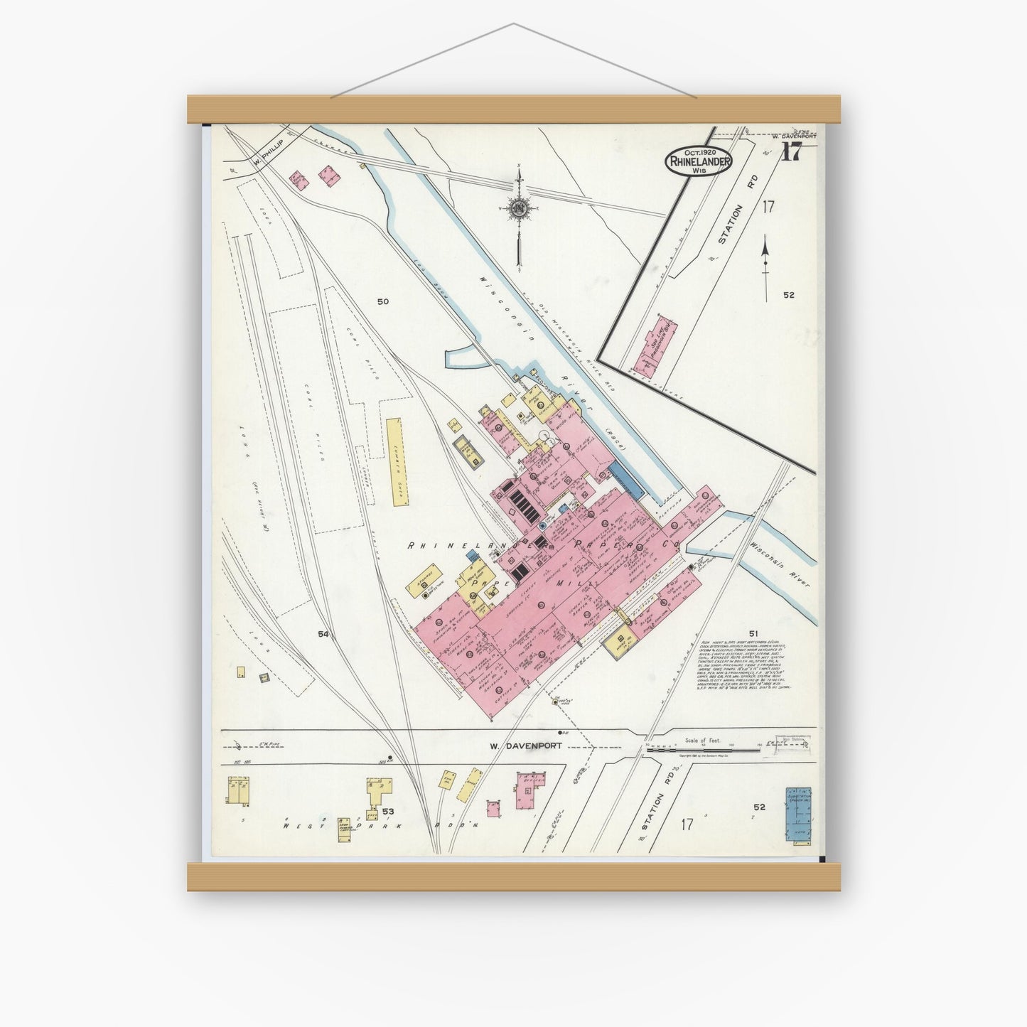 Old map wall art mockup — magnetic wood frame on white wall — Sanborn Fire Insurance Map from Rhinelander, Oneida County, Wisconsin (1920), Sheet #0017