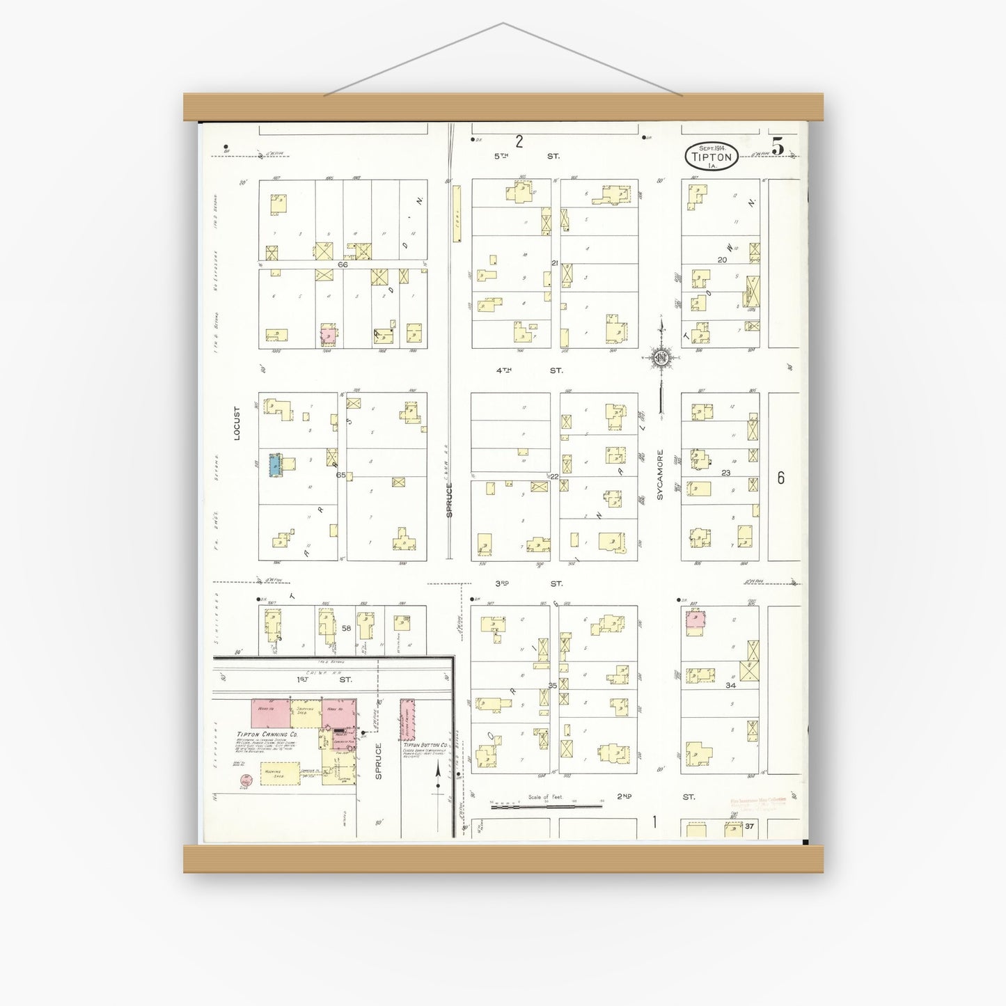 Old map wall art mockup — magnetic wood frame on white wall — Sanborn Fire Insurance Map from Tipton, Cedar County, Iowa (1914), Sheet #0005