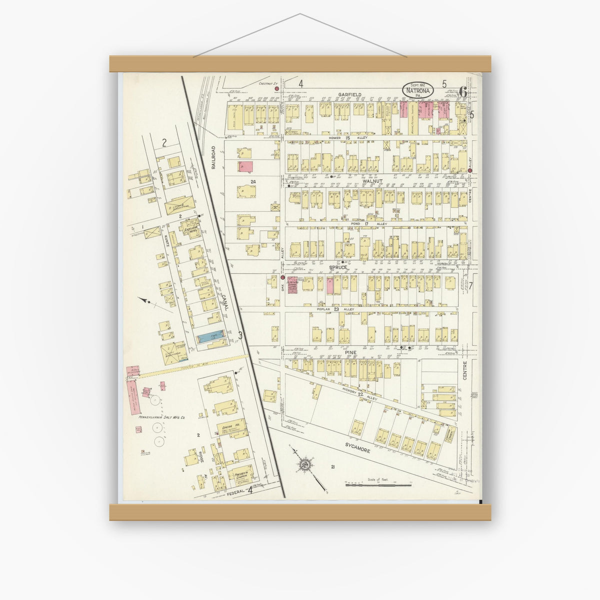 Old map wall art mockup — magnetic wood frame on white wall — Sanborn Fire Insurance Map from Natrona, Allegheny County, Pennsylvania (1912), Sheet #0006