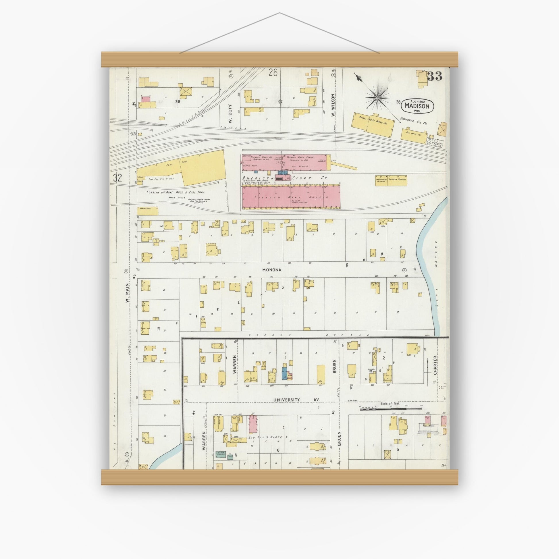 Old map wall art mockup — magnetic wood frame on white wall — Sanborn Fire Insurance Map from Madison, Dane County, Wisconsin (1902), Sheet #0033