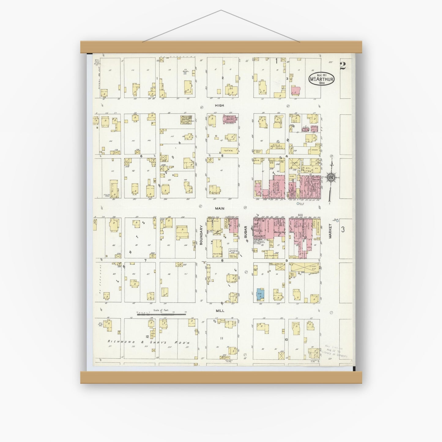 Old map wall art mockup — magnetic wood frame on white wall — Sanborn Fire Insurance Map from McArthur, Vinton County, Ohio (1911), Sheet #0002