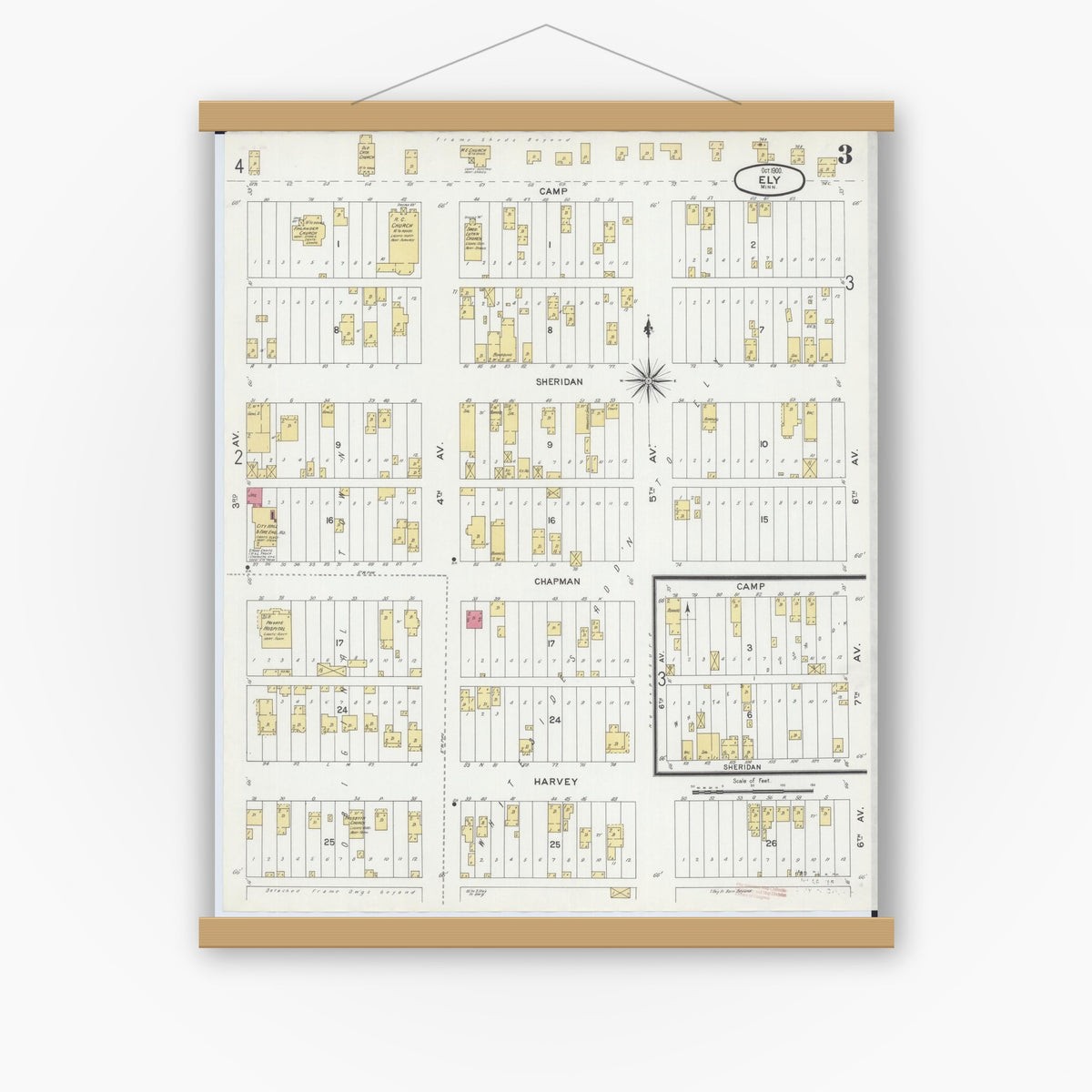 Old map wall art mockup — magnetic wood frame on white wall — Sanborn Fire Insurance Map from Ely, Saint Louis County, Minnesota (1900), Sheet #0003