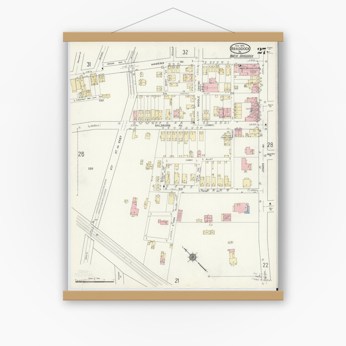 Old map wall art mockup — magnetic wood frame on white wall — Sanborn Fire Insurance Map from Braddock, Allegheny County, Pennsylvania (1914), Sheet #0027