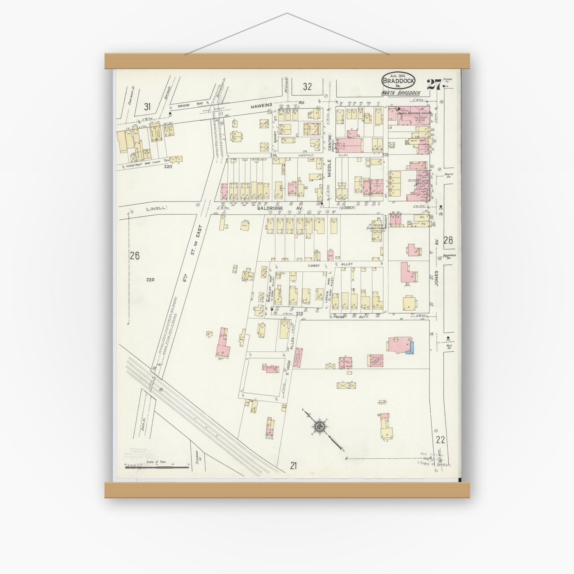 Old map wall art mockup — magnetic wood frame on white wall — Sanborn Fire Insurance Map from Braddock, Allegheny County, Pennsylvania (1914), Sheet #0027