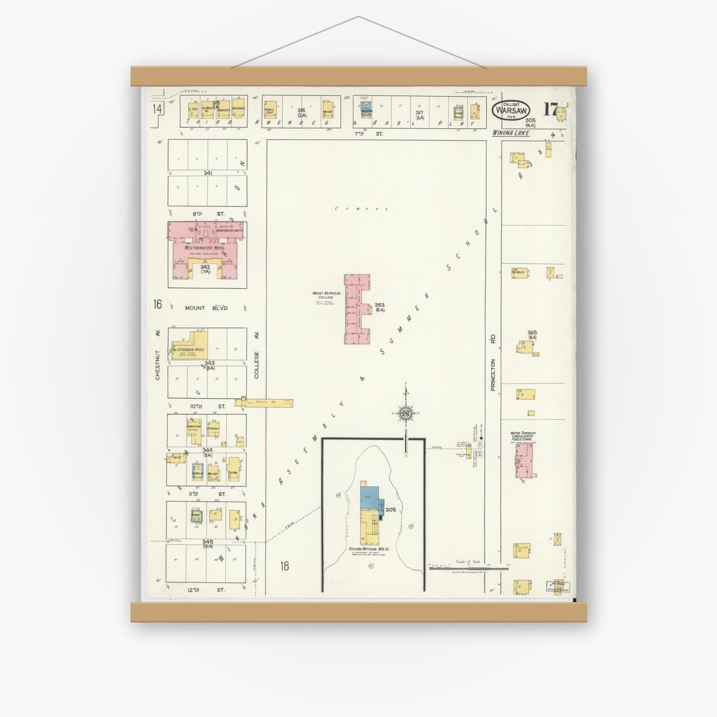 Old map wall art mockup — magnetic wood frame on white wall — Sanborn Fire Insurance Map from Warsaw, Kosciusko County, Indiana (1917), Sheet #0017