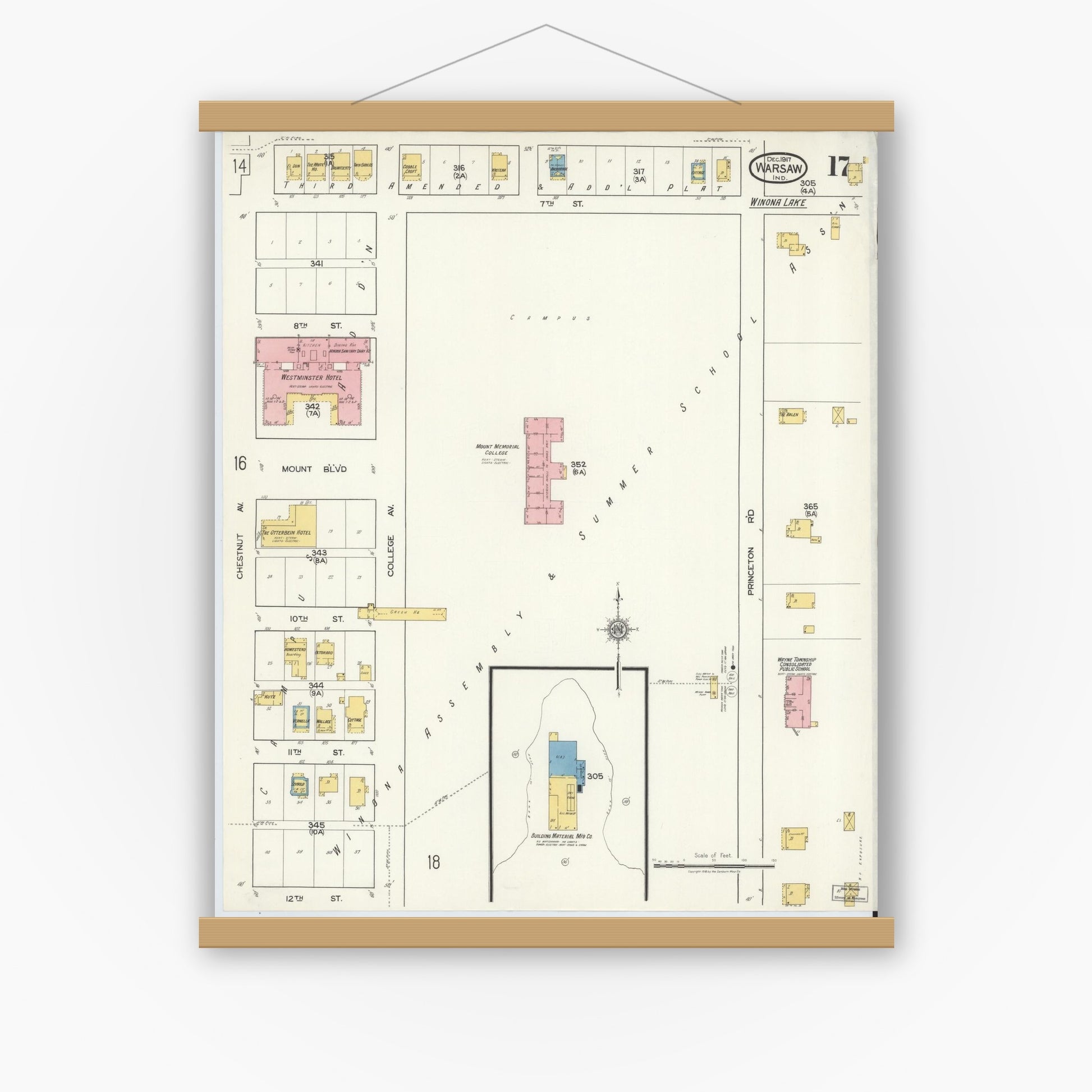 Old map wall art mockup — magnetic wood frame on white wall — Sanborn Fire Insurance Map from Warsaw, Kosciusko County, Indiana (1917), Sheet #0017