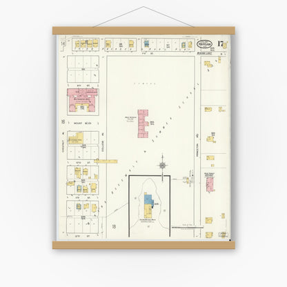 Old map wall art mockup — magnetic wood frame on white wall — Sanborn Fire Insurance Map from Warsaw, Kosciusko County, Indiana (1917), Sheet #0017