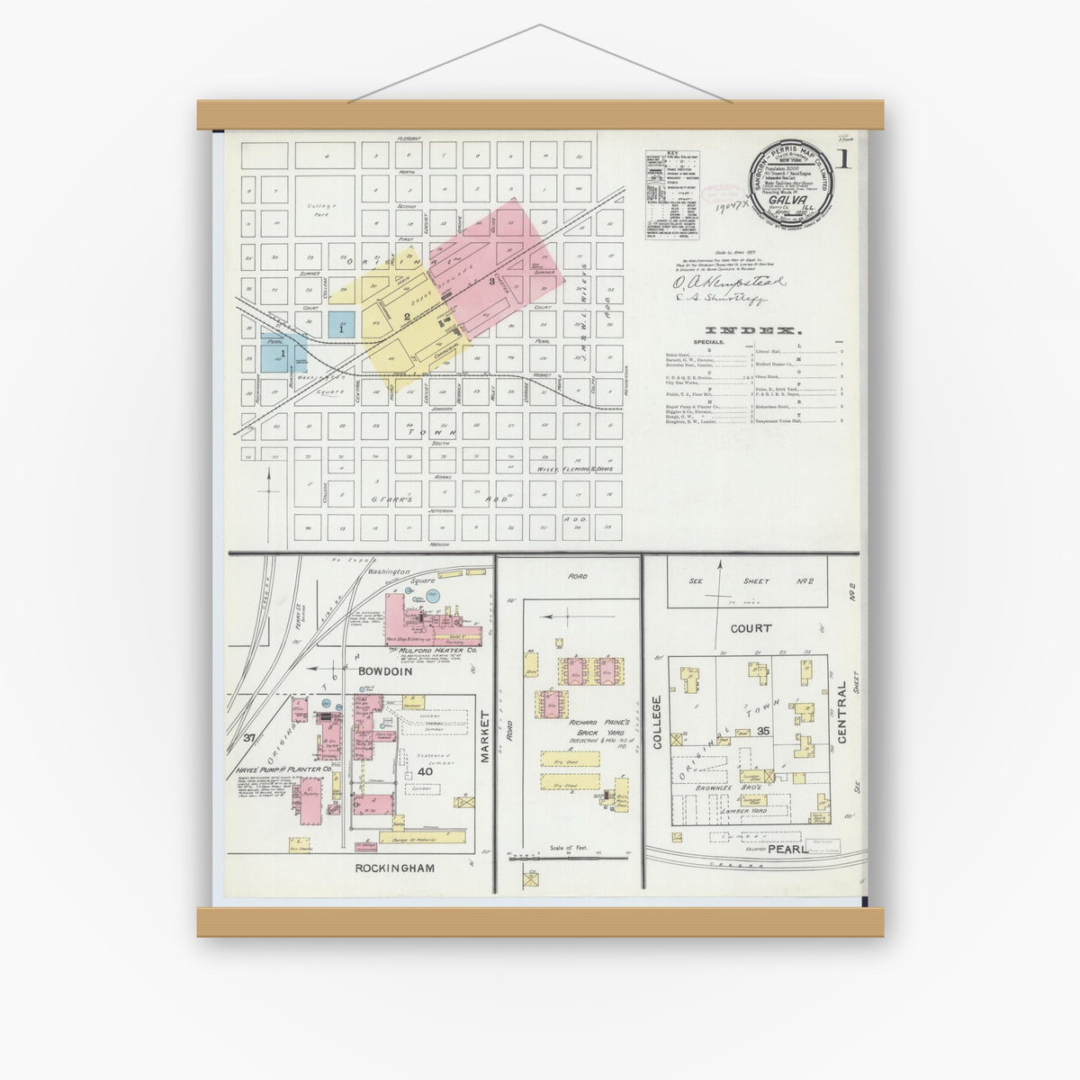 Old map wall art mockup — magnetic wood frame on white wall — Sanborn Fire Insurance Map from Galva, Henry County, Illinois (1892) - Complete Map Set