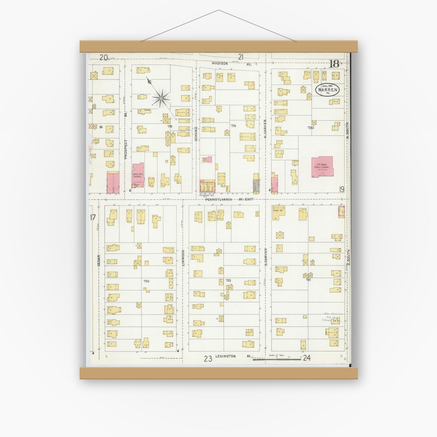 Old map wall art mockup — magnetic wood frame on white wall — Sanborn Fire Insurance Map from Warren, Warren County, Pennsylvania (1904), Sheet #0018