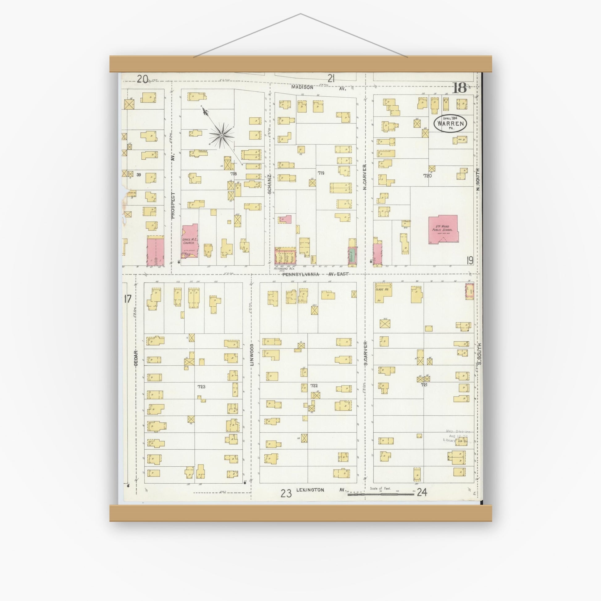 Old map wall art mockup — magnetic wood frame on white wall — Sanborn Fire Insurance Map from Warren, Warren County, Pennsylvania (1904), Sheet #0018