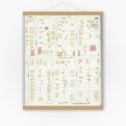 Old map wall art mockup — magnetic wood frame on white wall — Sanborn Fire Insurance Map from Warren, Warren County, Pennsylvania (1904), Sheet #0018