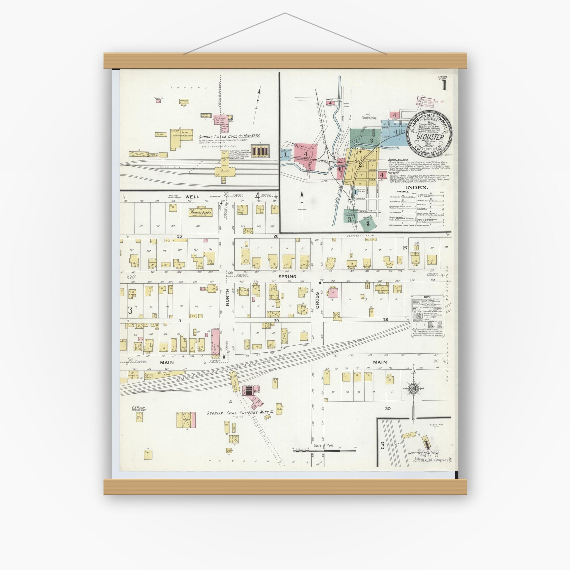 Old map wall art mockup — magnetic wood frame on white wall — Sanborn Fire Insurance Map from Glouster, Athens County, Ohio (1910) - Complete Map Set