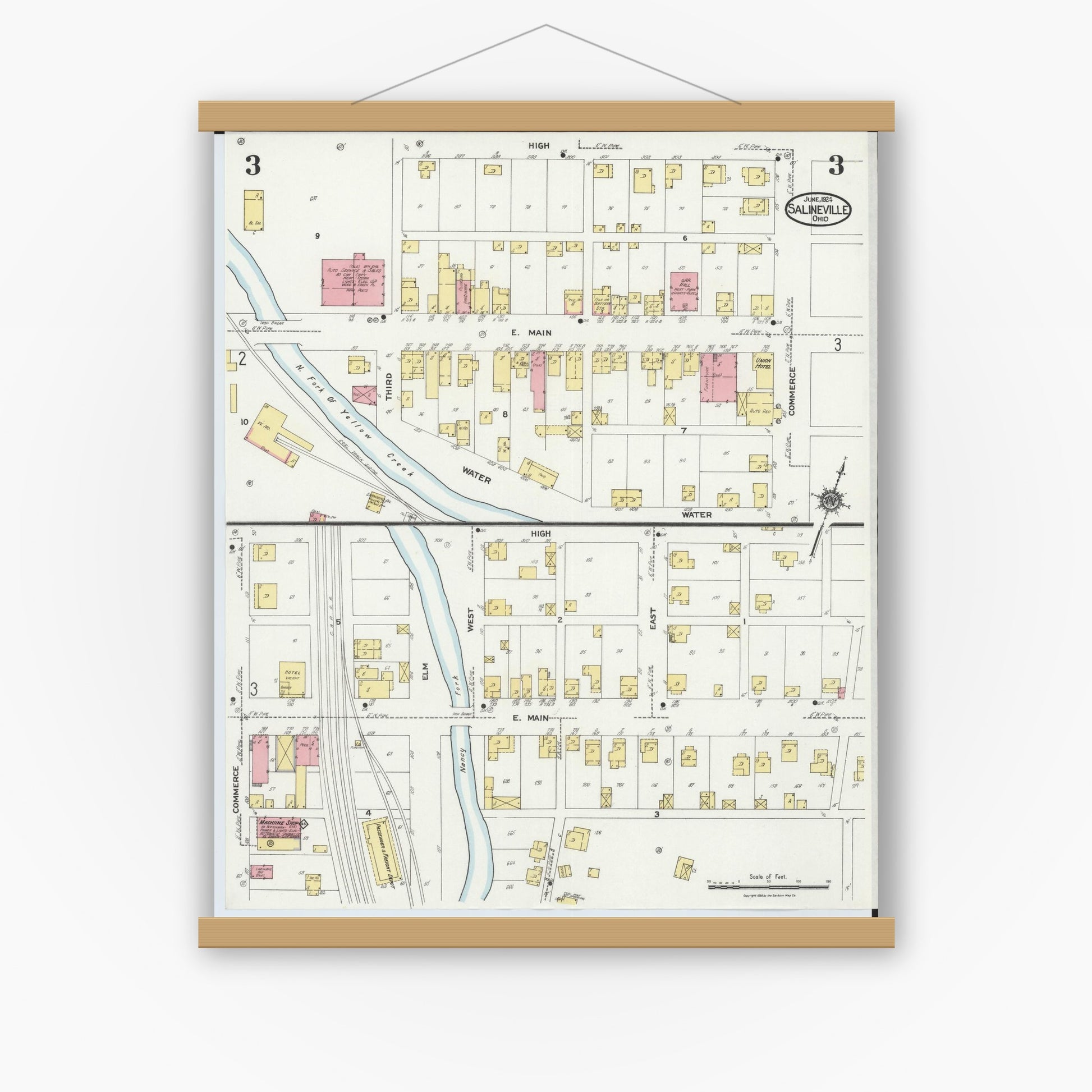 Old map wall art mockup — magnetic wood frame on white wall — Sanborn Fire Insurance Map from Salineville, Columbiana County, Ohio (1924), Sheet #0003