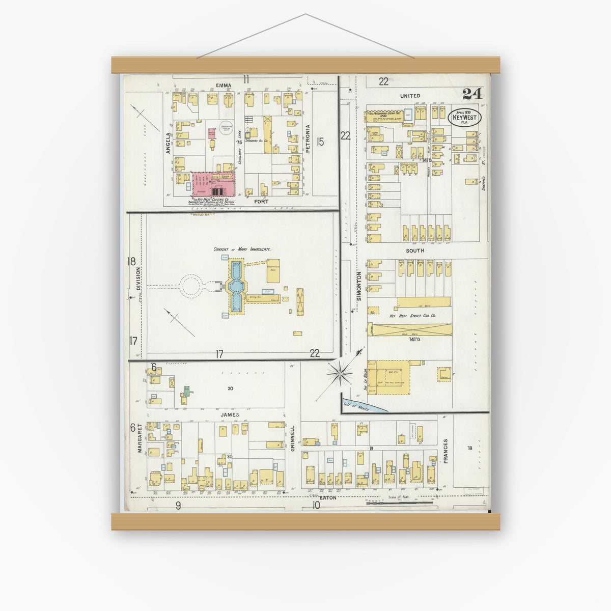 Old map wall art mockup — magnetic wood frame on white wall — Sanborn Fire Insurance Map from Key West, Monroe County, Florida (1899), Sheet #0024