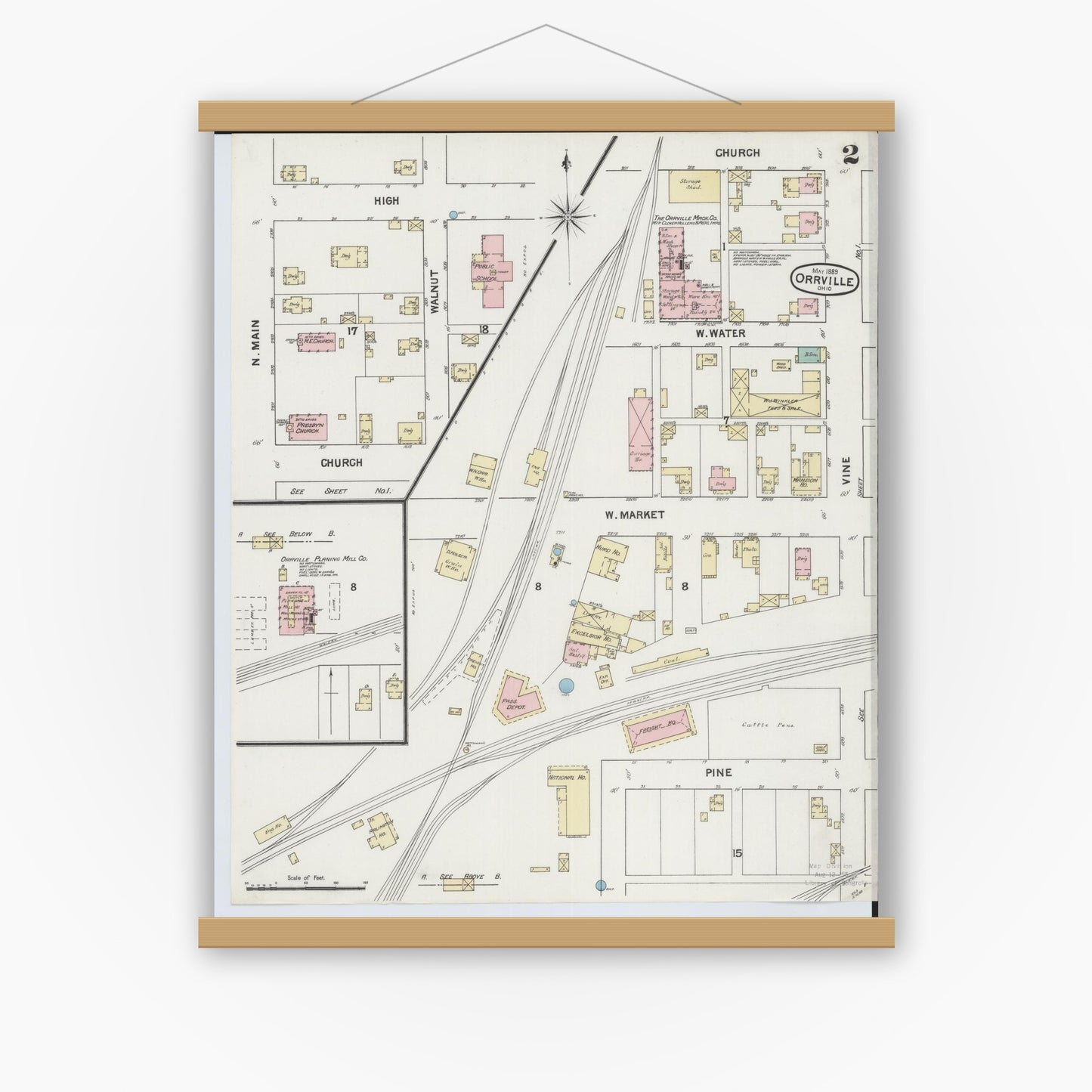 Old map wall art mockup — magnetic wood frame on white wall — Sanborn Fire Insurance Map from Orrville, Wayne County, Ohio (1889), Sheet #0002