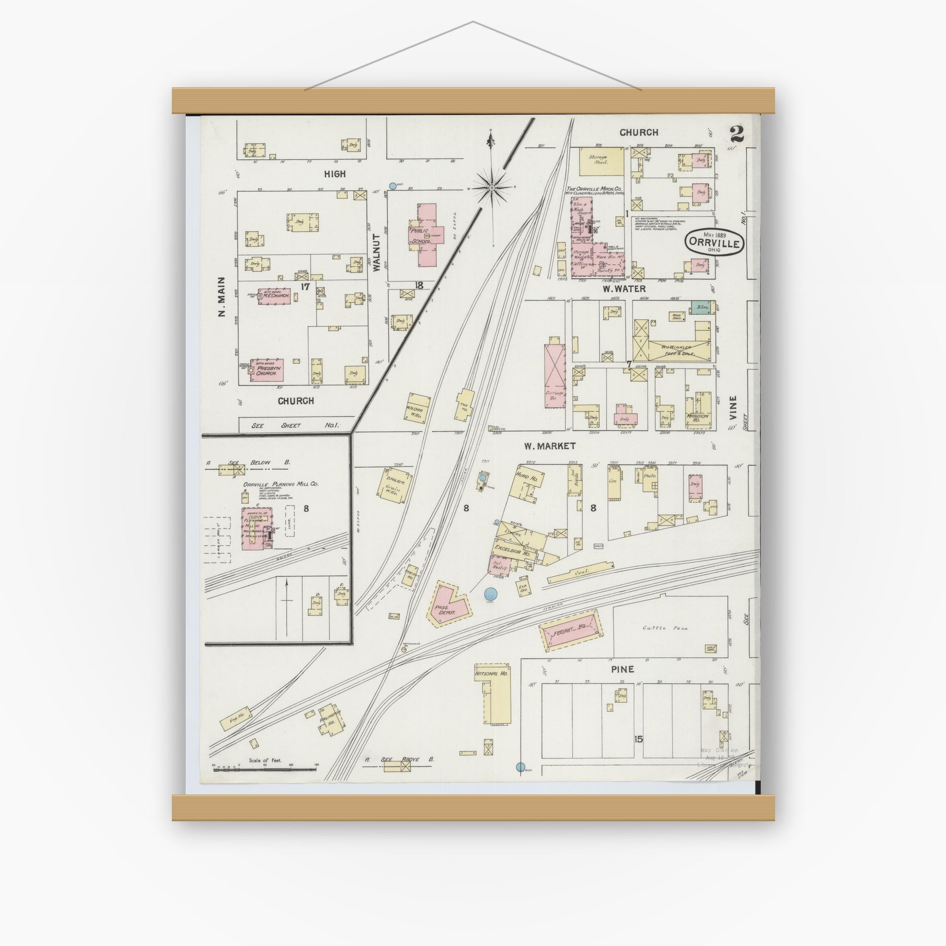 Old map wall art mockup — magnetic wood frame on white wall — Sanborn Fire Insurance Map from Orrville, Wayne County, Ohio (1889), Sheet #0002