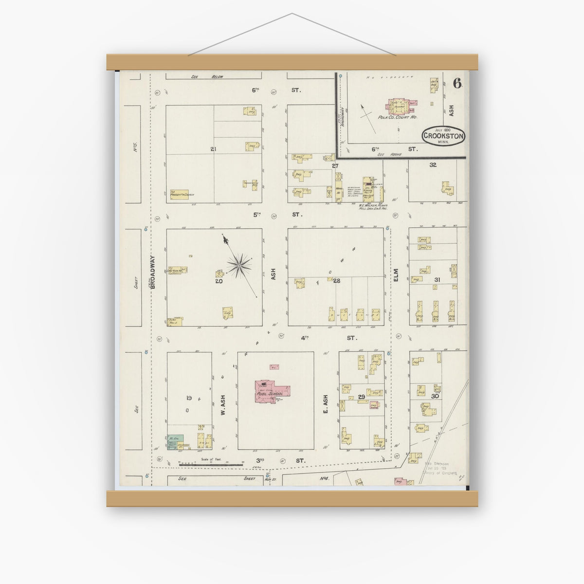 Old map wall art mockup — magnetic wood frame on white wall — Sanborn Fire Insurance Map from Crookston, Polk County, Minnesota (1890), Sheet #0006