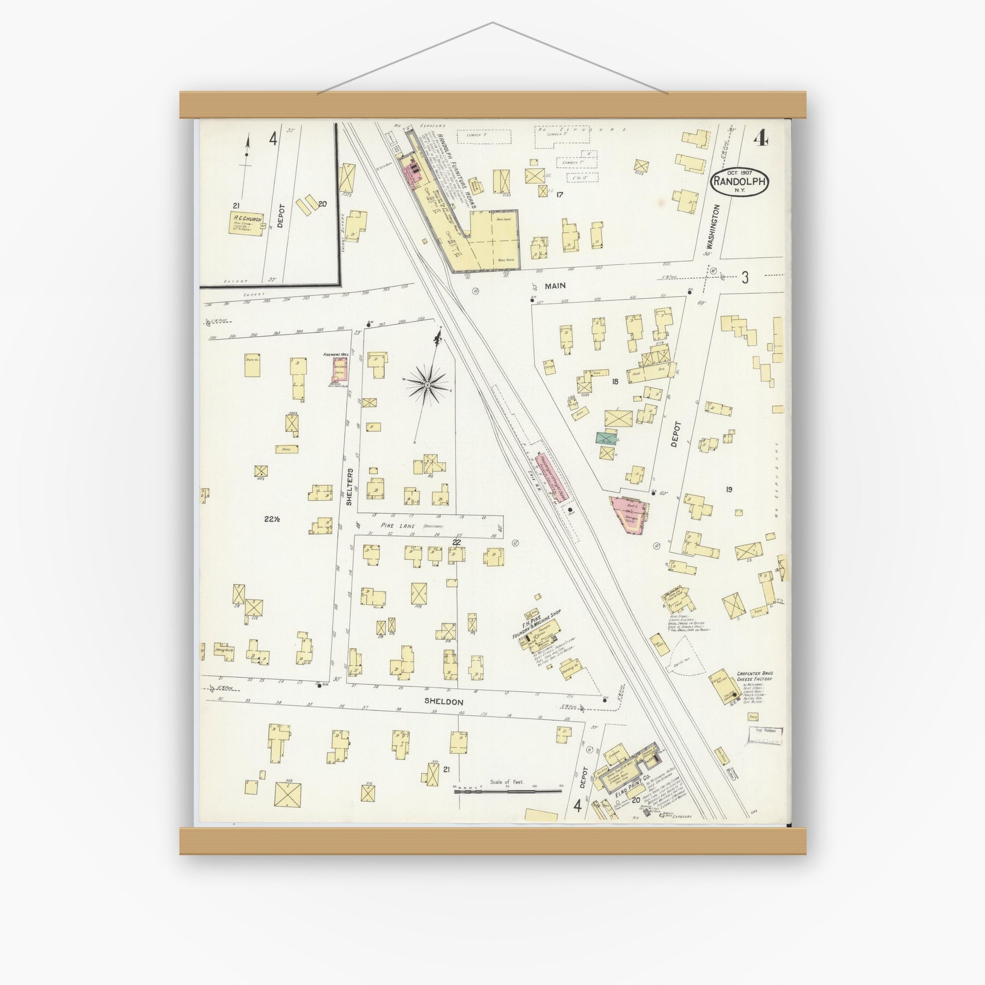 Old map wall art mockup — magnetic wood frame on white wall — Sanborn Fire Insurance Map from Randolph, Cattaraugus County, New York (1907), Sheet #0004