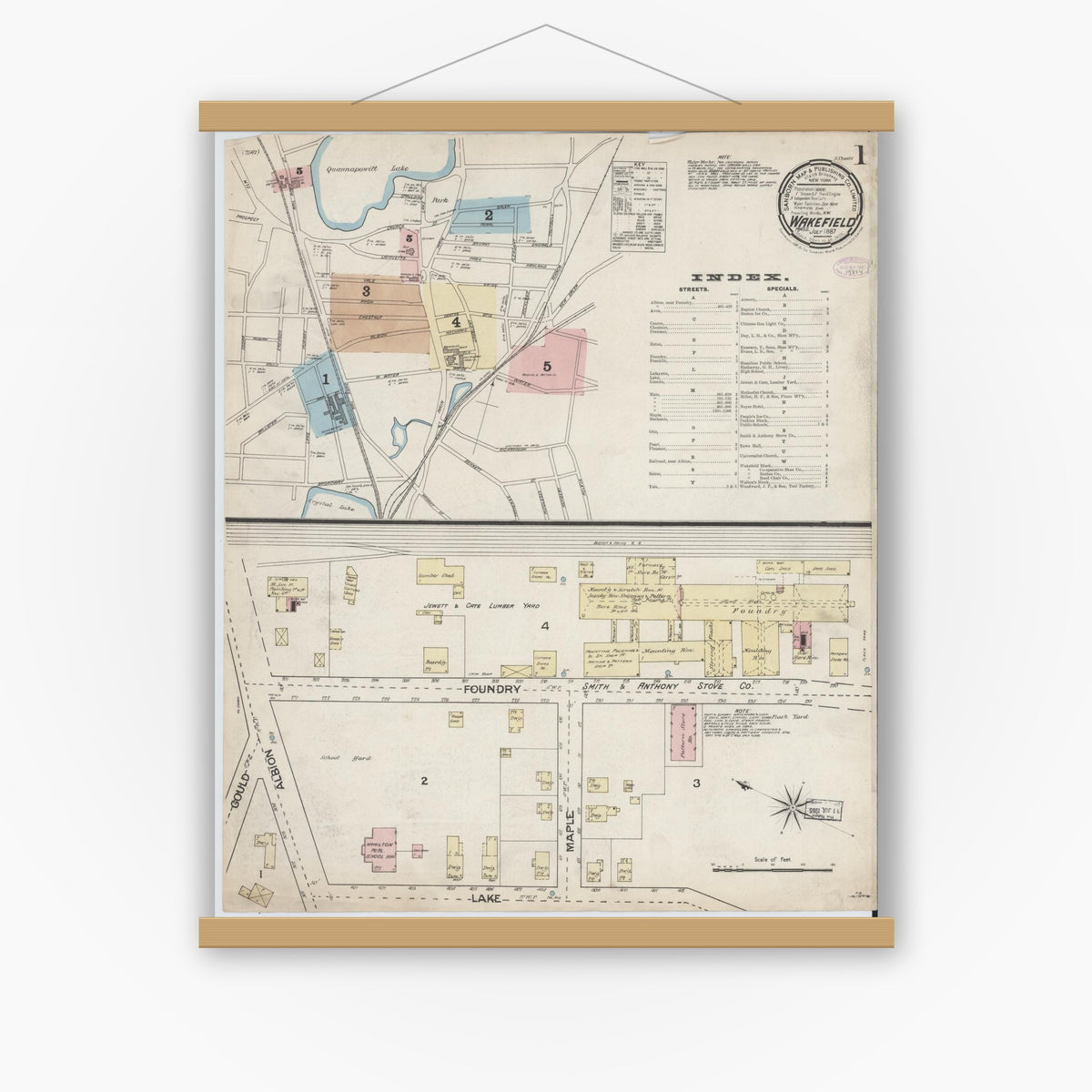 Old map wall art mockup — magnetic wood frame on white wall — Sanborn Fire Insurance Map from Wakefield, Middlesex County, Massachusetts (1887), Sheet #0001