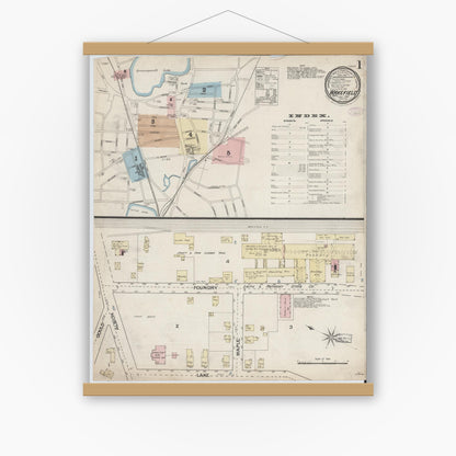 Old map wall art mockup — magnetic wood frame on white wall — Sanborn Fire Insurance Map from Wakefield, Middlesex County, Massachusetts (1887), Sheet #0001