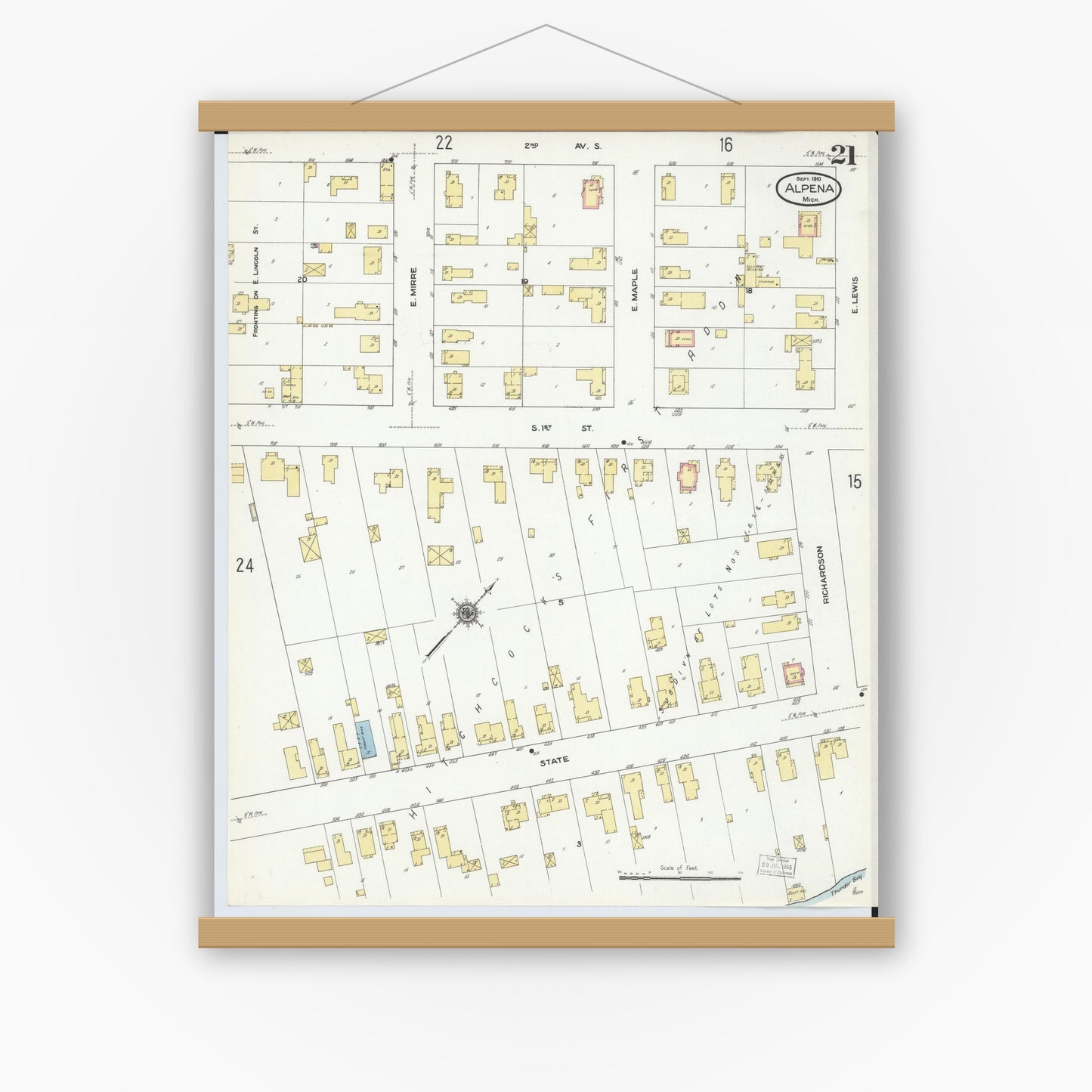 Old map wall art mockup — magnetic wood frame on white wall — Sanborn Fire Insurance Map from Alpena, Alpena County, Michigan (1910), Sheet #0021