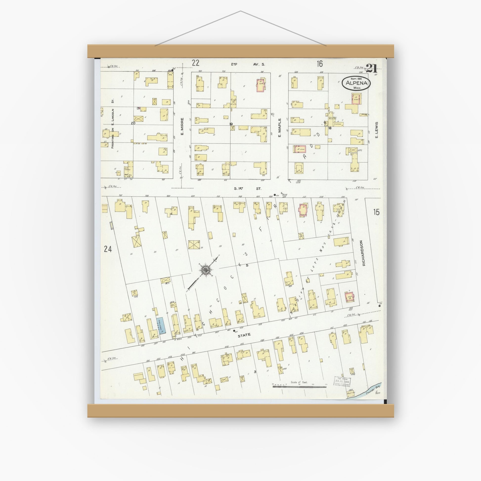 Old map wall art mockup — magnetic wood frame on white wall — Sanborn Fire Insurance Map from Alpena, Alpena County, Michigan (1910), Sheet #0021