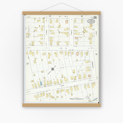 Old map wall art mockup — magnetic wood frame on white wall — Sanborn Fire Insurance Map from Alpena, Alpena County, Michigan (1910), Sheet #0021