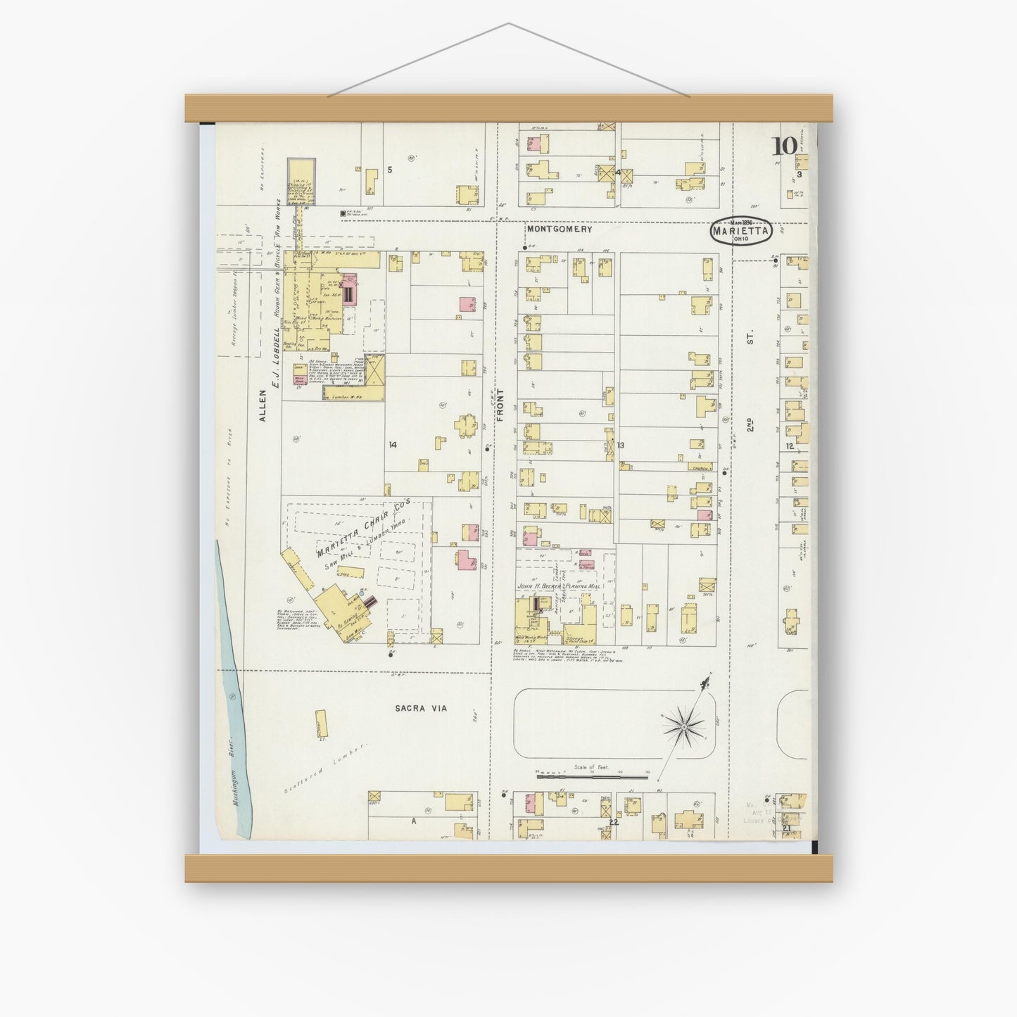 Old map wall art mockup — magnetic wood frame on white wall — Sanborn Fire Insurance Map from Marietta, Washington County, Ohio (1896), Sheet #0010