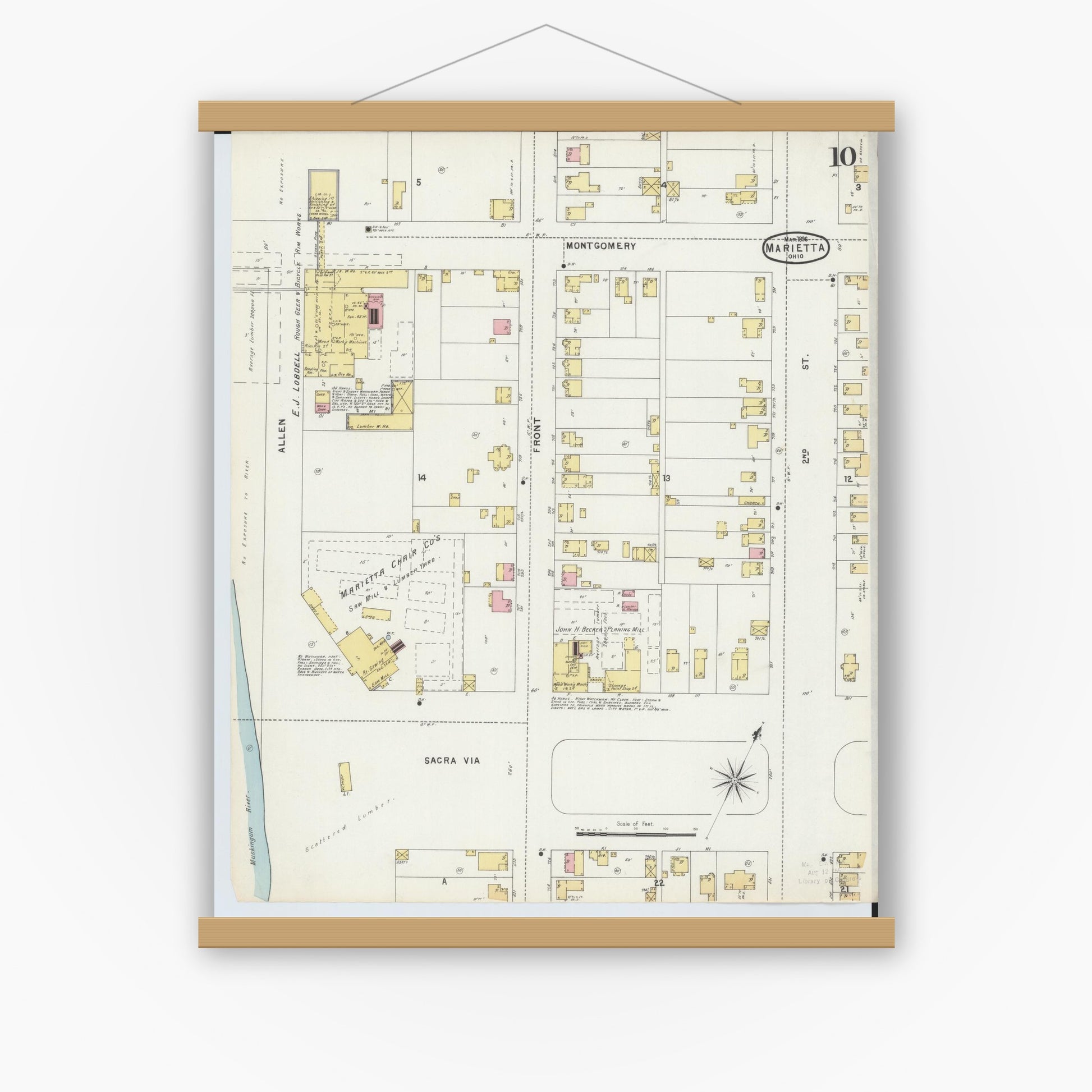 Old map wall art mockup — magnetic wood frame on white wall — Sanborn Fire Insurance Map from Marietta, Washington County, Ohio (1896), Sheet #0010