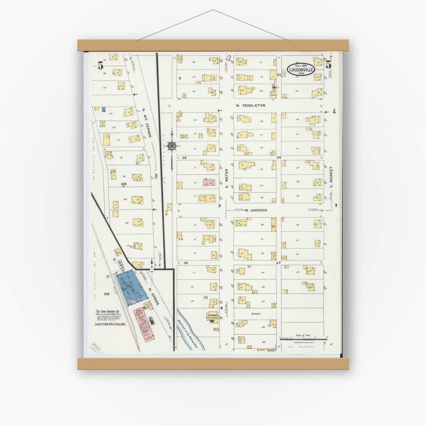 Old map wall art mockup — magnetic wood frame on white wall — Sanborn Fire Insurance Map from Loudonville, Ashland County, Ohio (1924), Sheet #0005