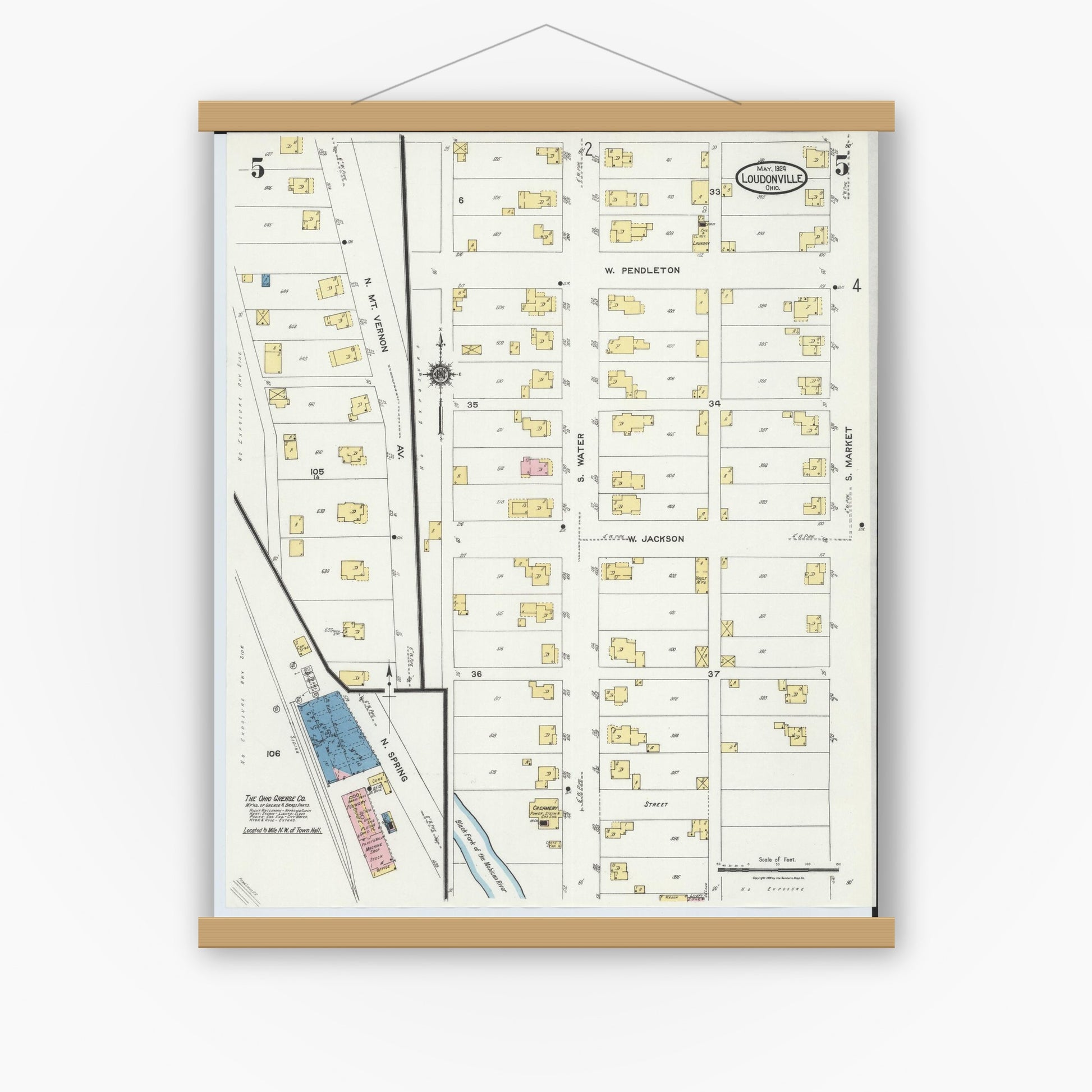 Old map wall art mockup — magnetic wood frame on white wall — Sanborn Fire Insurance Map from Loudonville, Ashland County, Ohio (1924), Sheet #0005