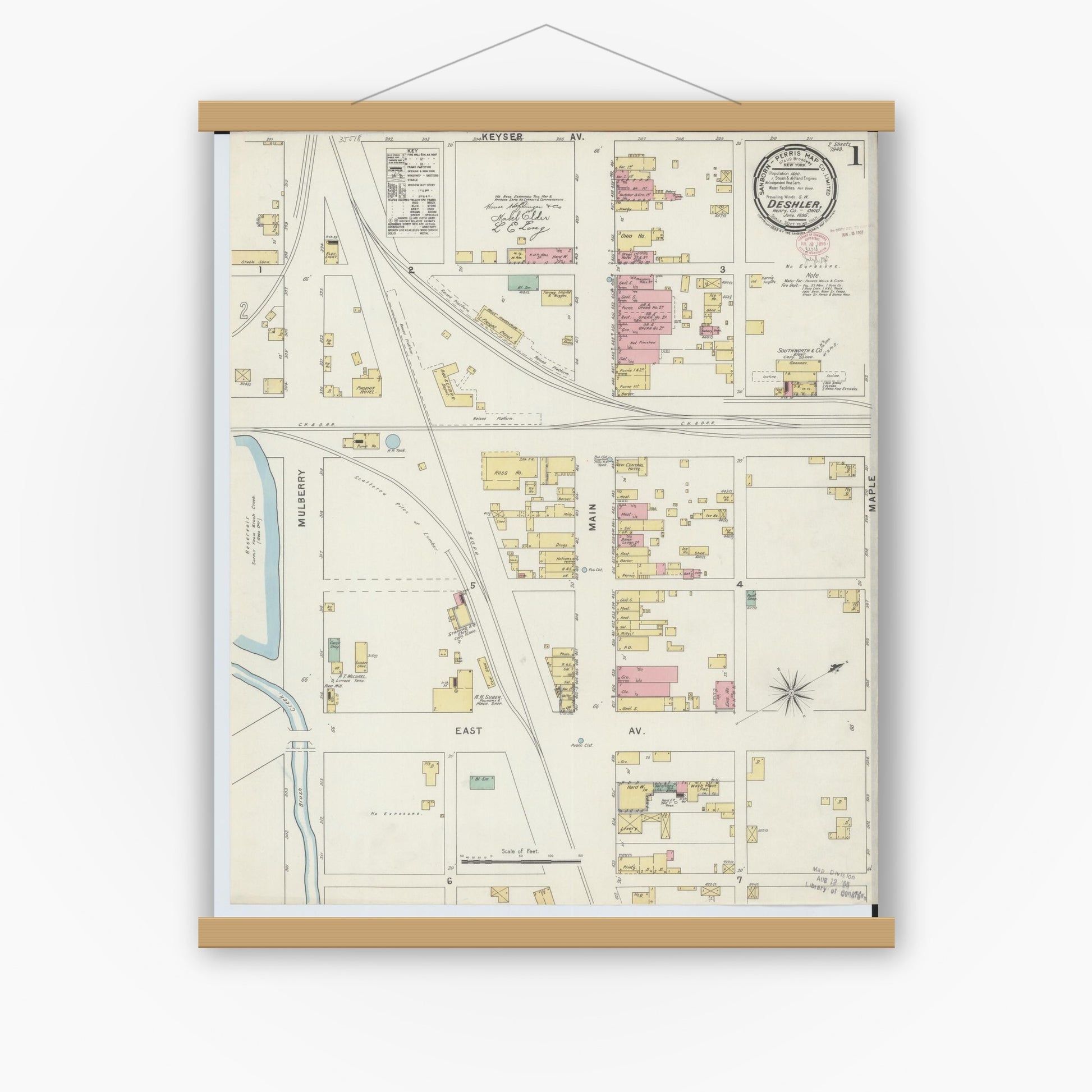 Old map wall art mockup — magnetic wood frame on white wall — Sanborn Fire Insurance Map from Deshler, Henry County, Ohio (1895), Sheet #0001