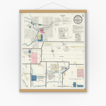 Old map wall art mockup — magnetic wood frame on white wall — Sanborn Fire Insurance Map from Cannon Falls, Goodhue County, Minnesota (1921), Sheet #0001