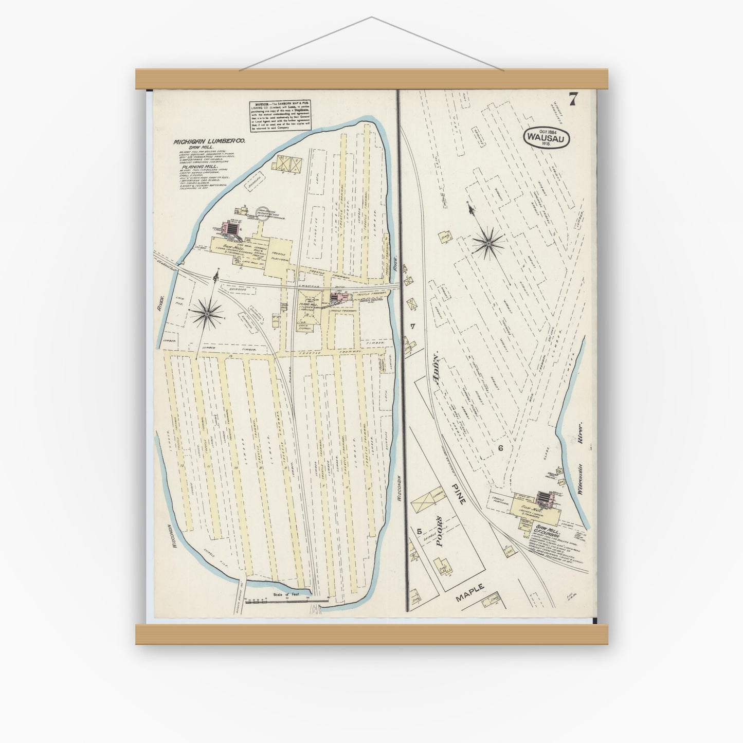 Old map wall art mockup — magnetic wood frame on white wall — Sanborn Fire Insurance Map from Wausau, Marathon County, Wisconsin (1884), Sheet #0007