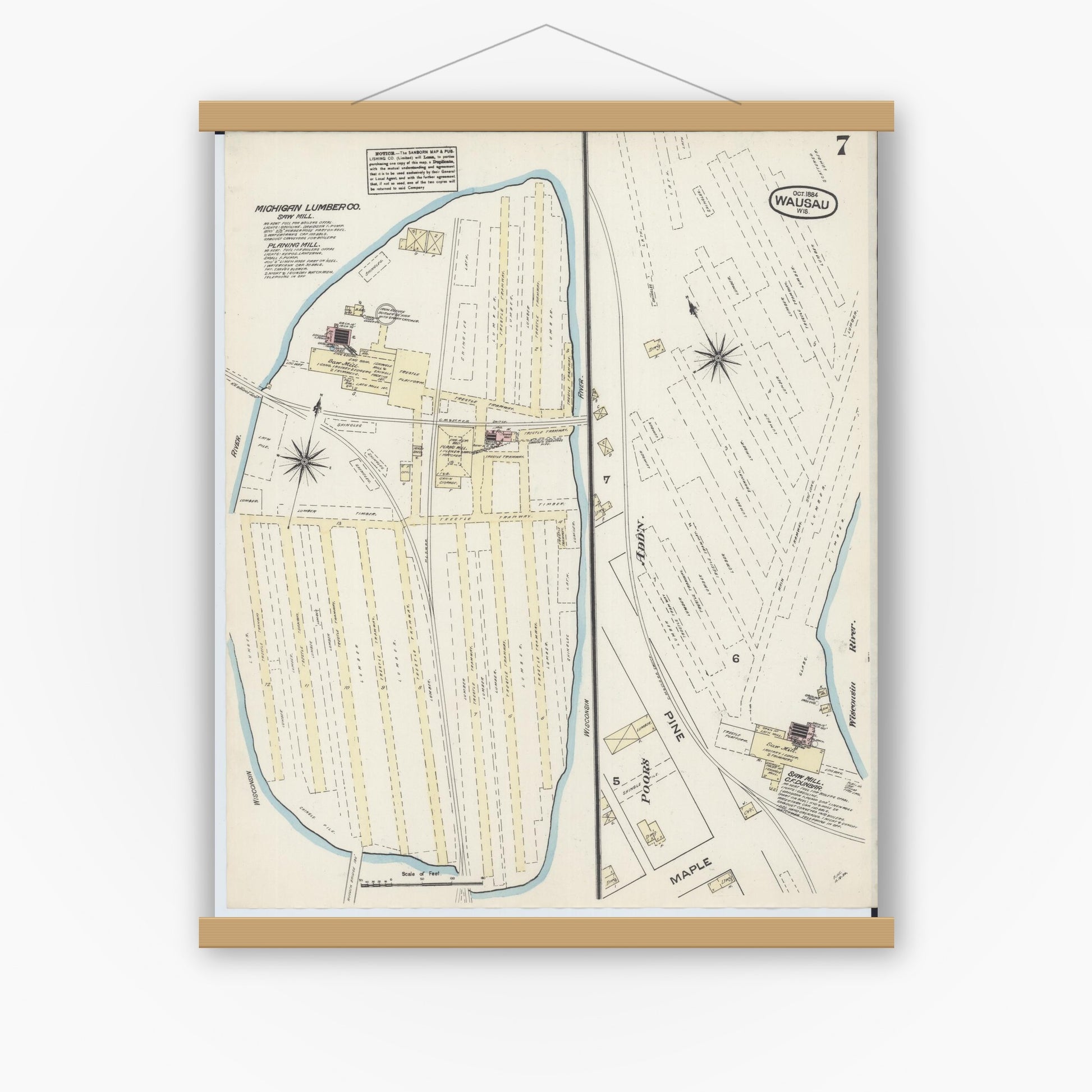 Old map wall art mockup — magnetic wood frame on white wall — Sanborn Fire Insurance Map from Wausau, Marathon County, Wisconsin (1884), Sheet #0007