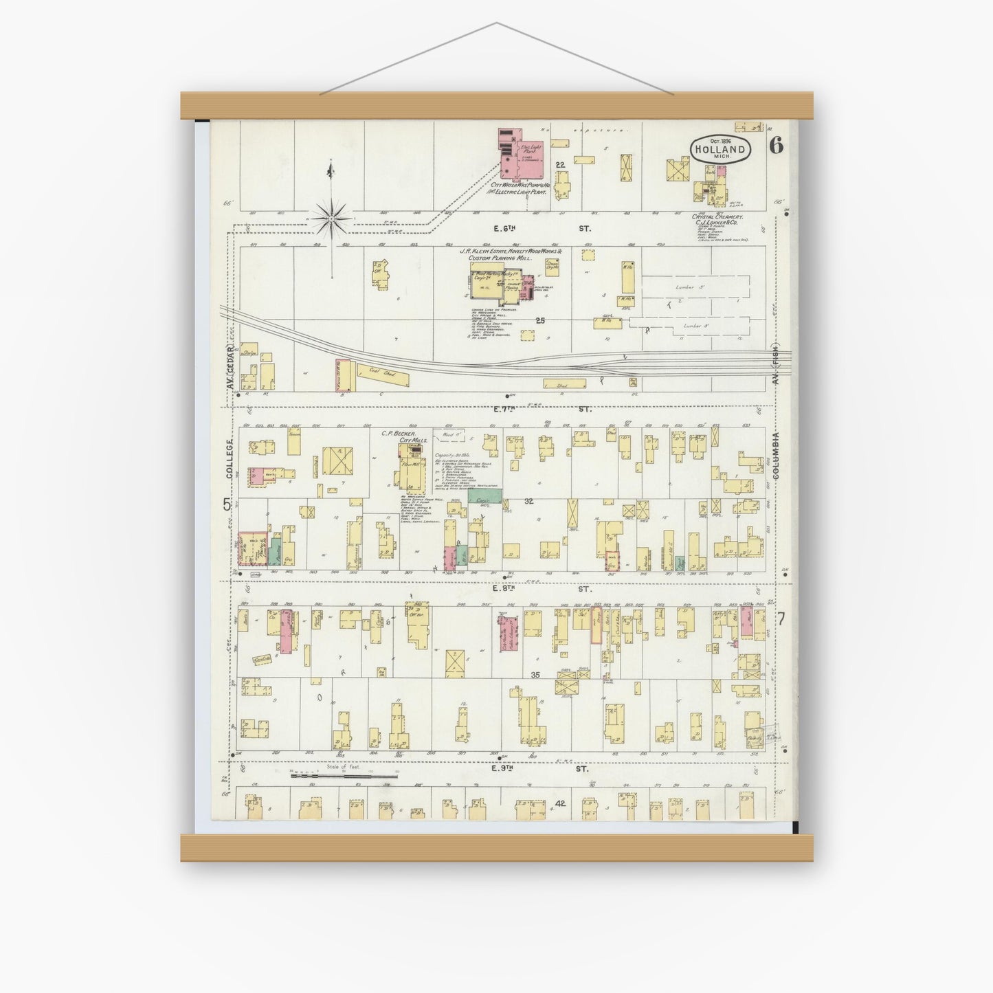 Old map wall art mockup — magnetic wood frame on white wall — Sanborn Fire Insurance Map from Holland, Ottawa County, Michigan (1896), Sheet #0006