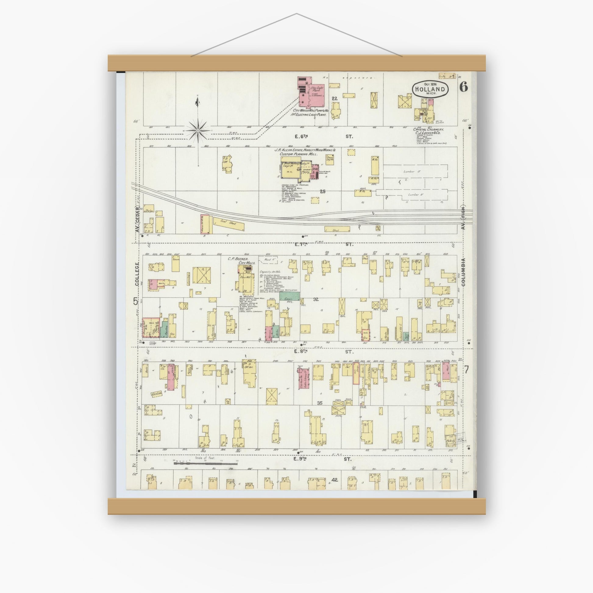 Old map wall art mockup — magnetic wood frame on white wall — Sanborn Fire Insurance Map from Holland, Ottawa County, Michigan (1896), Sheet #0006