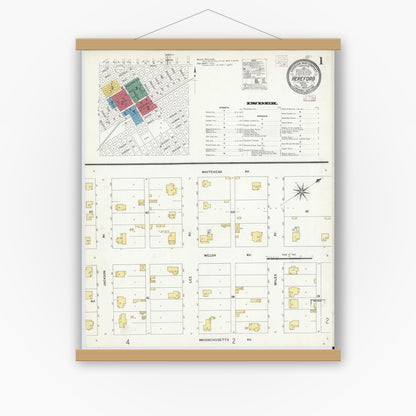 Old map wall art mockup — magnetic wood frame on white wall — Sanborn Fire Insurance Map from Hereford, Deaf Smith County, Texas (1908), Sheet #0001