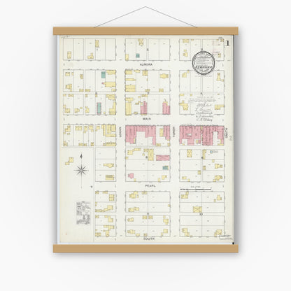 Old map wall art mockup — magnetic wood frame on white wall — Sanborn Fire Insurance Map from Kewanna, Fulton County, Indiana (1893), Sheet #0001