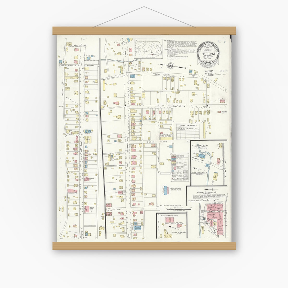 Old map wall art mockup — magnetic wood frame on white wall — Sanborn Fire Insurance Map from Hellam, York County, Pennsylvania (1939), Sheet #0001