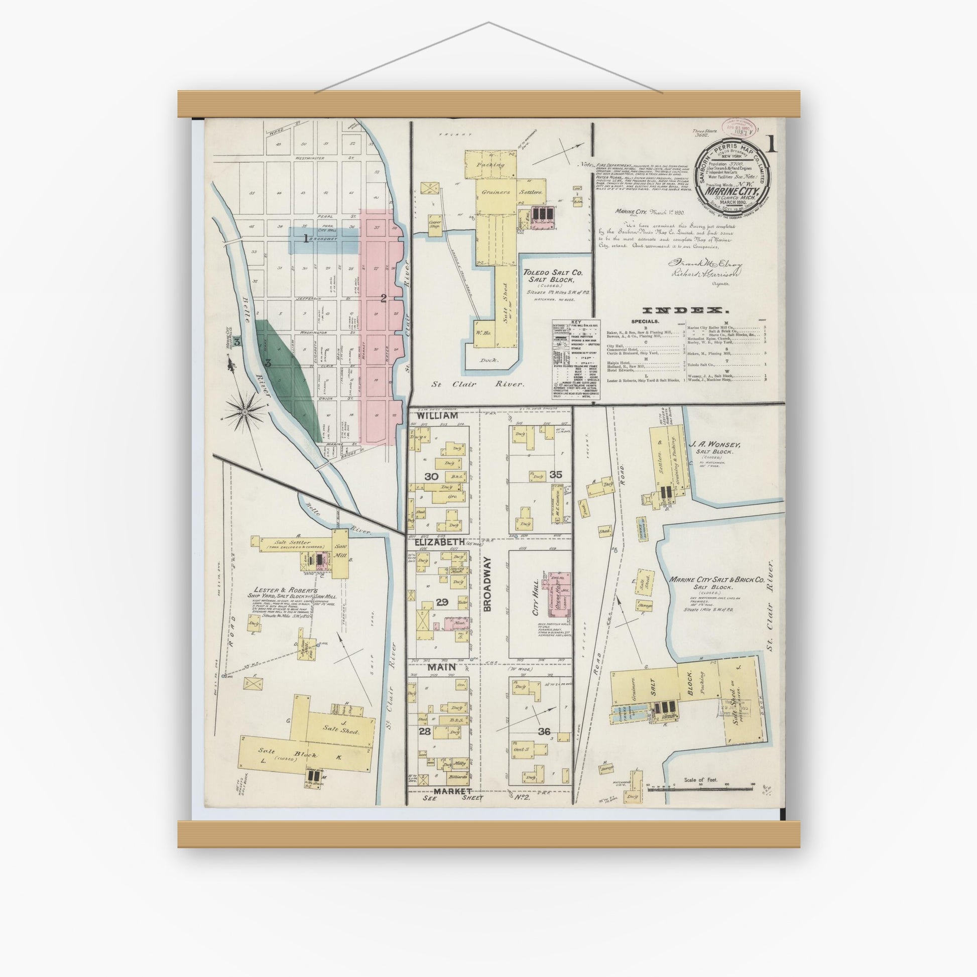 Old map wall art mockup — magnetic wood frame on white wall — Sanborn Fire Insurance Map from Marine City, Saint Clair County, Michigan (1890) - Complete Map Set