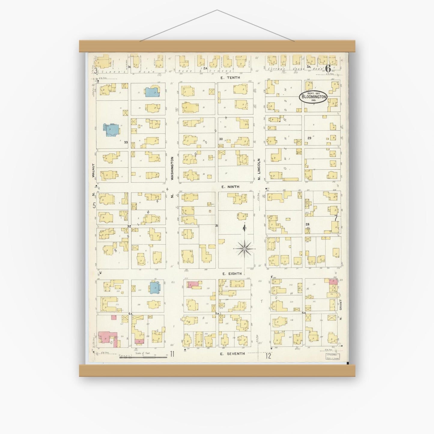 Old map wall art mockup — magnetic wood frame on white wall — Sanborn Fire Insurance Map from Bloomington, Monroe County, Indiana (1907), Sheet #0006