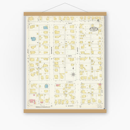 Old map wall art mockup — magnetic wood frame on white wall — Sanborn Fire Insurance Map from Bloomington, Monroe County, Indiana (1907), Sheet #0006