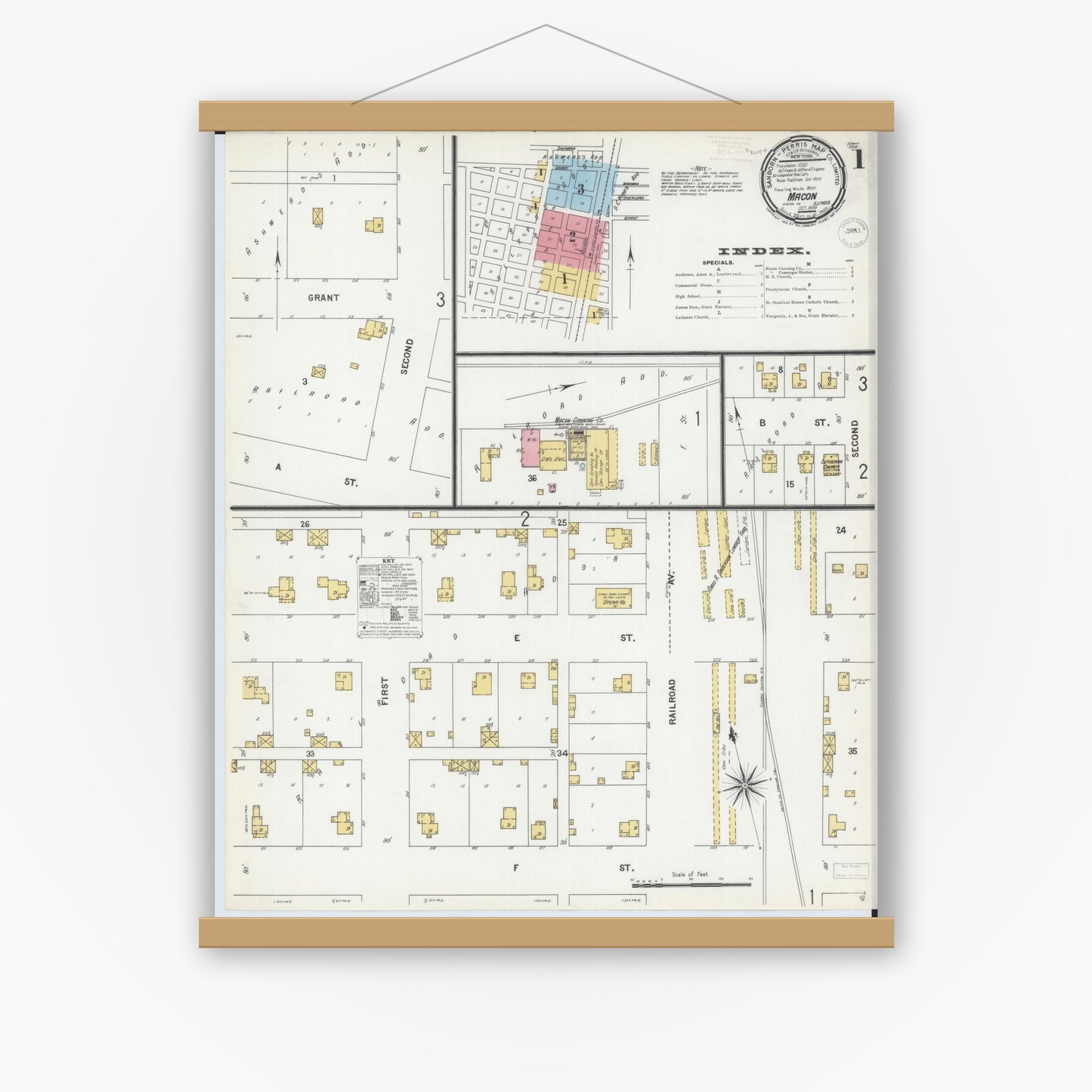 Old map wall art mockup — magnetic wood frame on white wall — Sanborn Fire Insurance Map from Macon, Macon County, Illinois (1899) - Complete Map Set