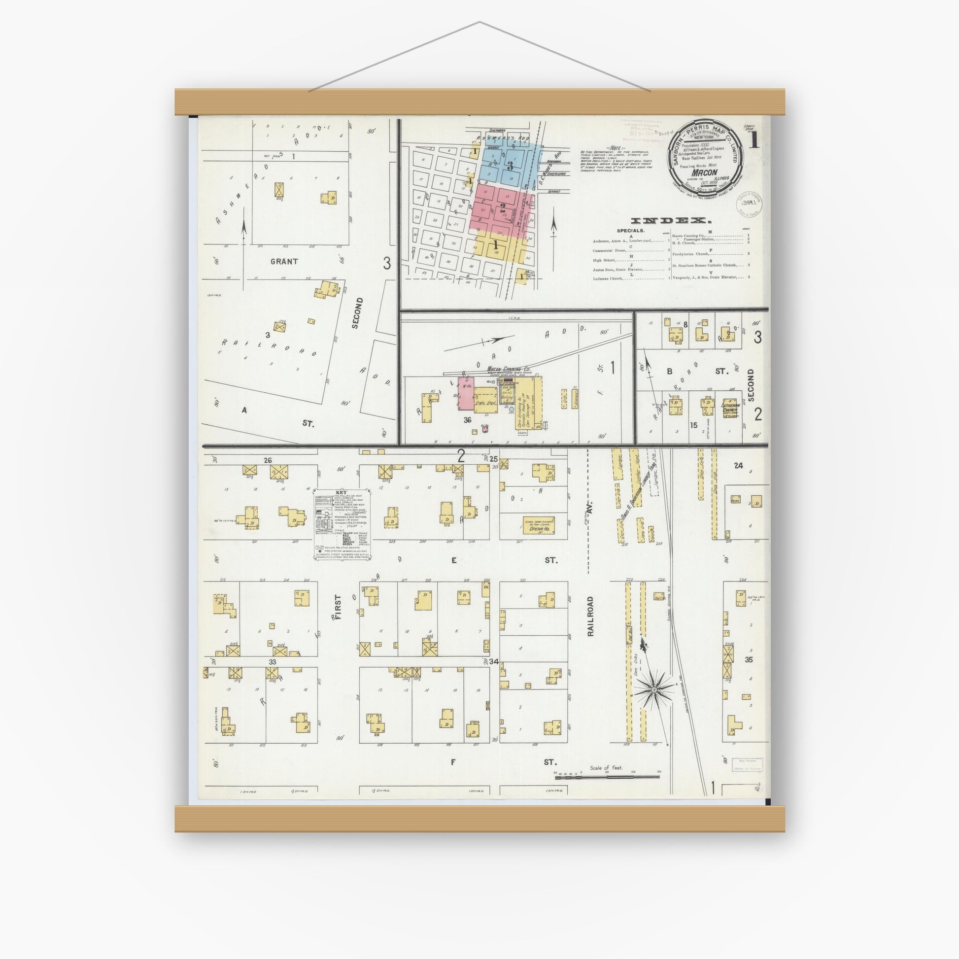 Old map wall art mockup — magnetic wood frame on white wall — Sanborn Fire Insurance Map from Macon, Macon County, Illinois (1899) - Complete Map Set